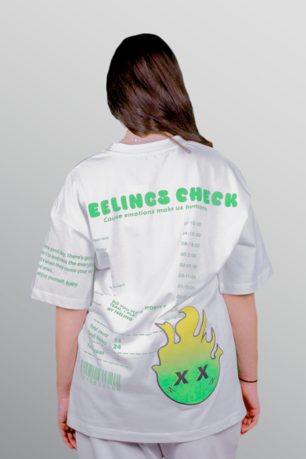 Feelings Check - White / Green Fire - T-Shirt (Oversized) - Image 2