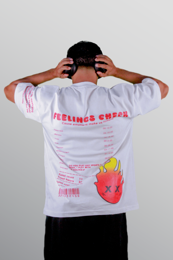 Feelings Check - White / Red Fire - T-Shirt (Oversized) - Image 2