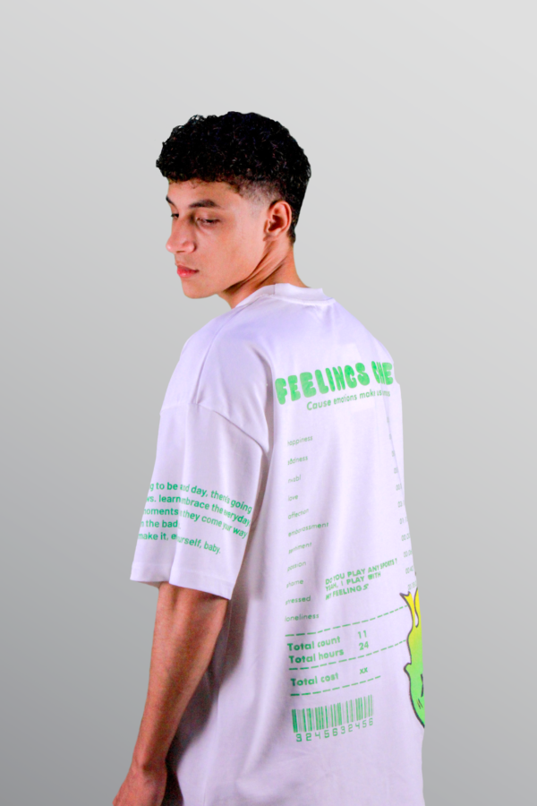 Feelings Check - White / Green Fire - T-Shirt (Oversized) - Image 2