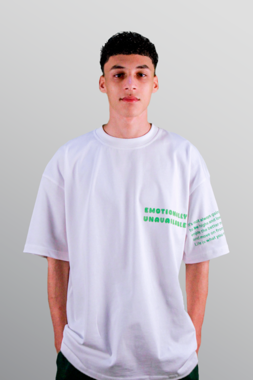 Feelings Check – White / Green Fire – T-Shirt (Oversized)